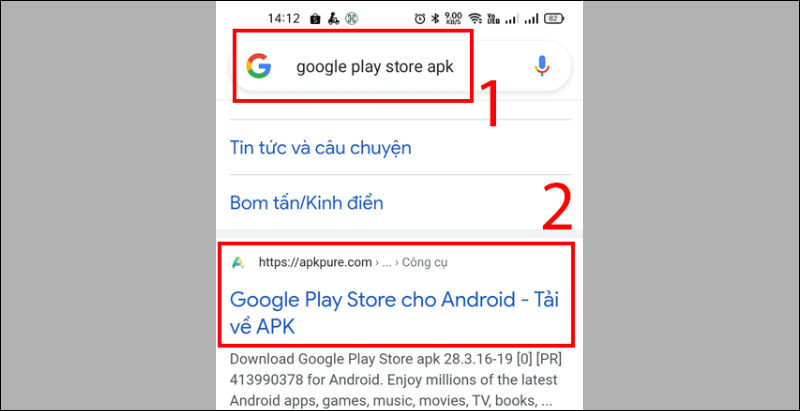 Nhập dòng chữ google play store apk và vào trang apkpure.com