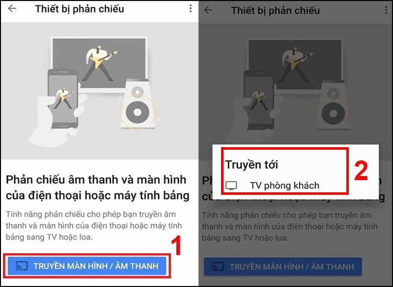 Bạn chọn vào ô “Truyền màn hình/Âm thanh” rồi chọn truyền tới TV phòng khách