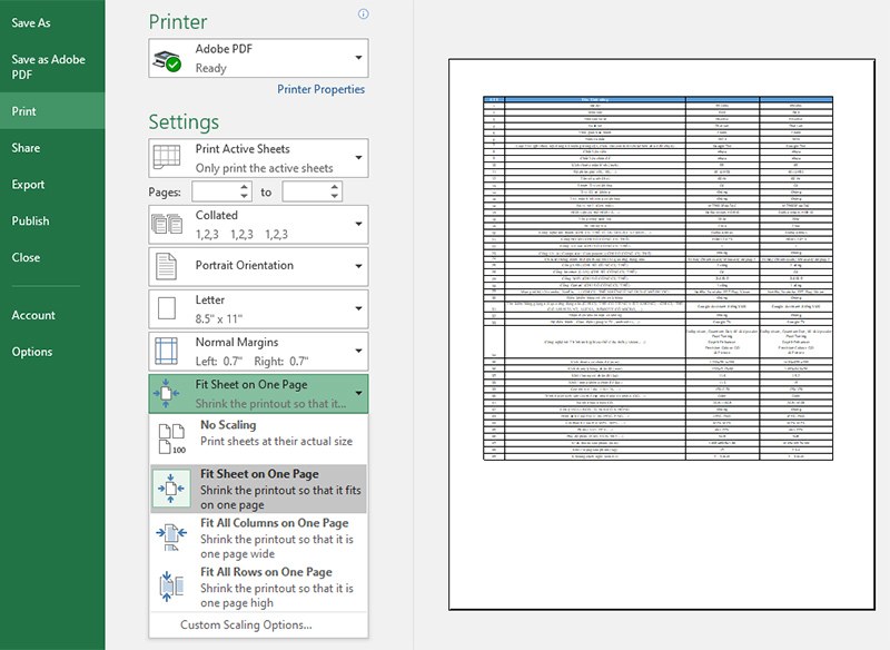 Tại mục Settings, chọn Fit Sheet on One Page nếu muốn thu nhỏ nội dung bảng tính