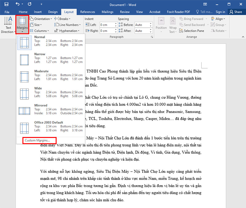 Chọn Margins rồi chọn Custom Margins ở phía cuối danh sách hiển thị