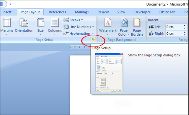Bạn vào tab Page Layout/Layout, chọn Page Setup rồi nhấn vào biểu tượng mũi tên