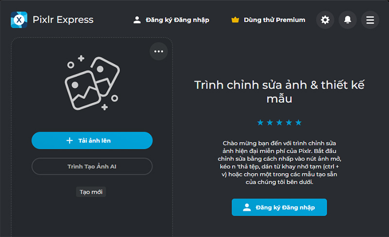 Truy cập trang web pixlr.com, chọn “Chỉnh sửa hình ảnh AI mở” rồi chọn “Tải ảnh lên”