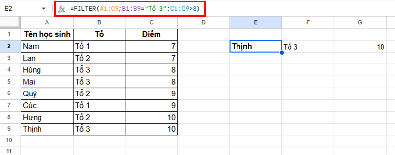 Dùng hàm FILTER lọc dữ liệu có 2 điều kiện