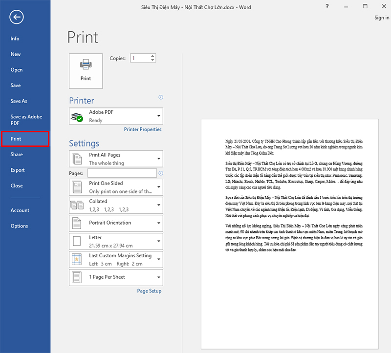 Nhấn tổ hợp phím Ctrl + P hoặc chọn File > Chọn Print để mở giao diện in