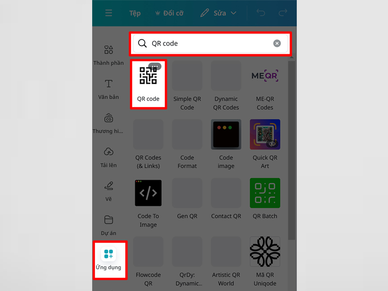 Tìm từ khóa QR code sau khi nhấn vào mục Ứng dụng 