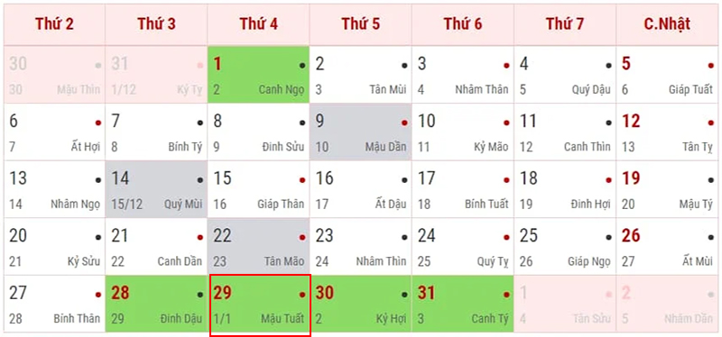 Tháng Giêng năm 2025 bắt đầu từ ngày 29/01/2025