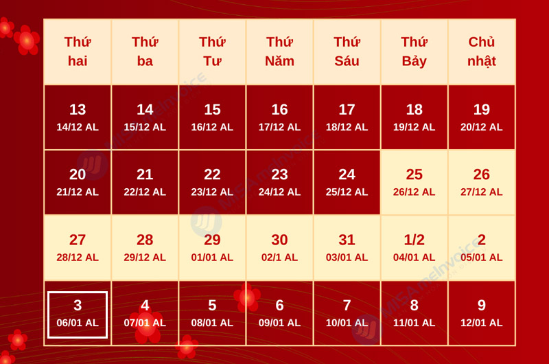 Mùng 6 Tết là thứ 2 ngày 3 tháng 2 dương lịch