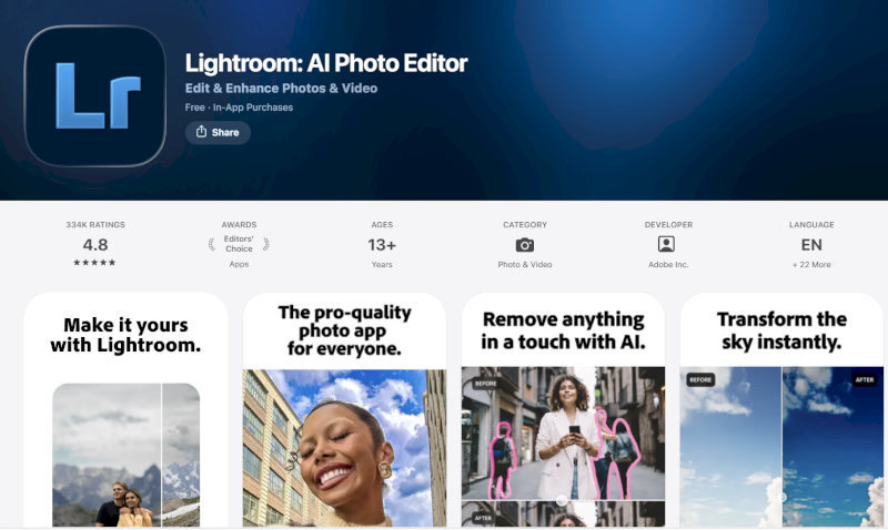 Giao diện chỉnh sửa dải màu xanh chuyên sâu trên Lightroom mobile