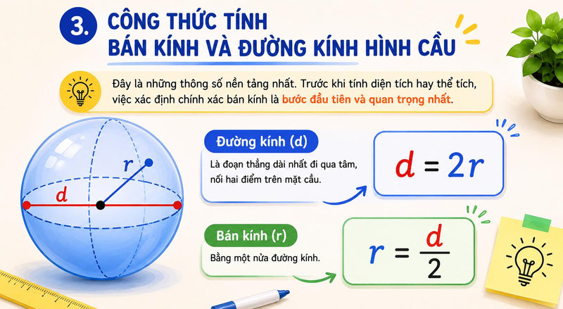 Bán kính là đại lượng quan trọng trong hầu hết các công thức liên quan đến hình cầu