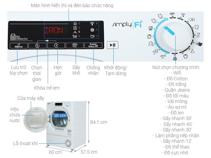 Bảng điều khiển của máy sấy quần áo Candy CSO C8TE-S