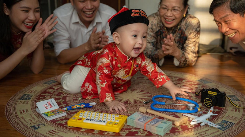 Bé trai tham gia nghi thức bốc đồ vật đoán nghề nghiệp tương lai