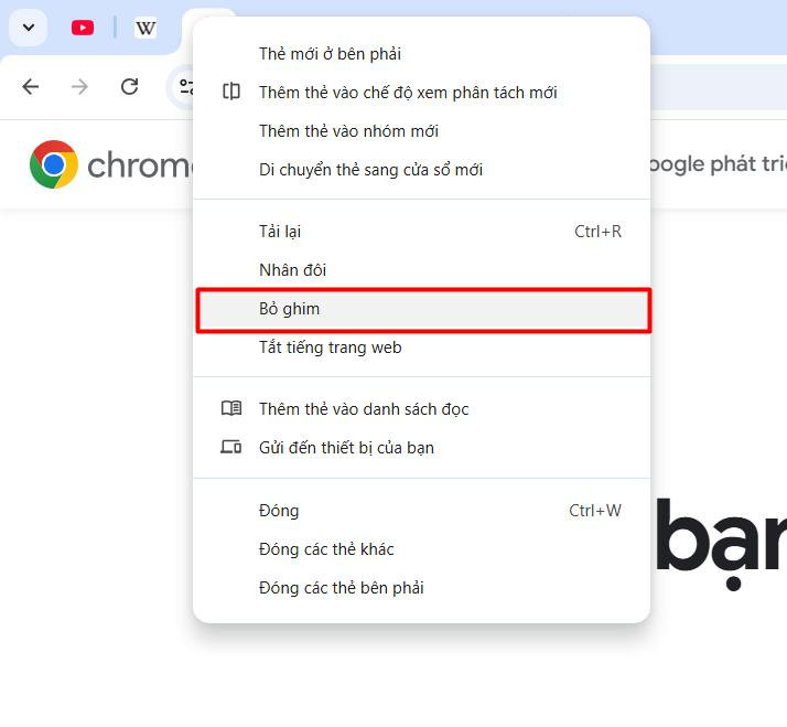Các bước giúp thực hiện xóa tab đã ghim