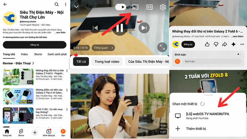 Giao diện truyền nội dung từ ứng dụng YouTube lên tivi thông qua tính năng Google Cast