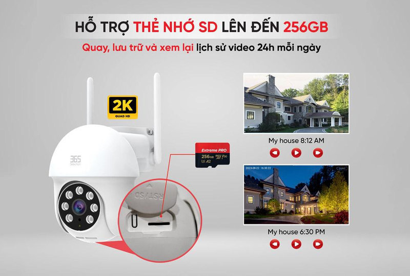 Camera hỗ trợ khe cắm thẻ nhớ MicroSD dung lượng lên đến 256GB giúp lưu trữ và xem lại video dễ dàng