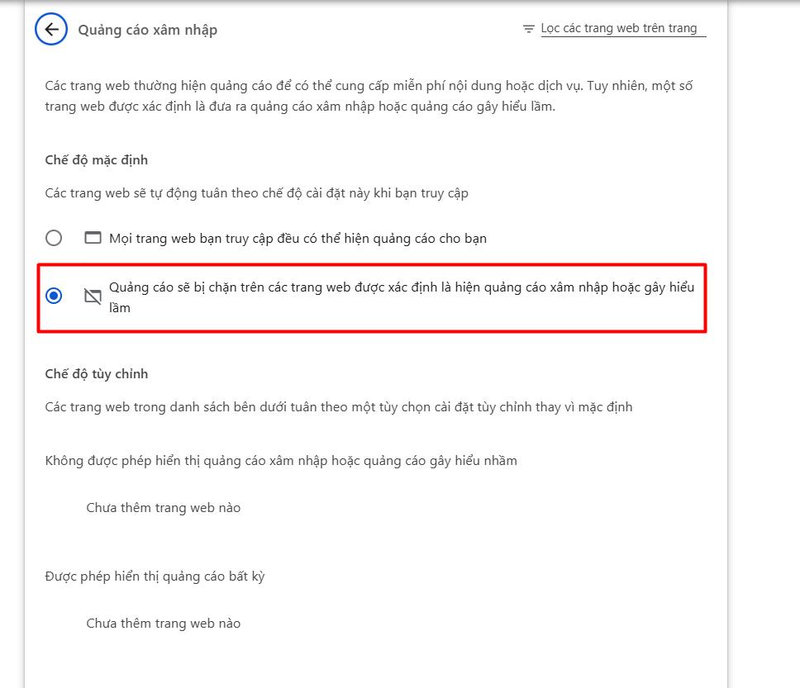 Chọn chặn quảng cáo trên Google Chrome