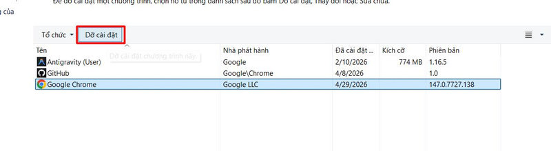 Chọn lệnh uninstall để tiến hành gỡ bỏ