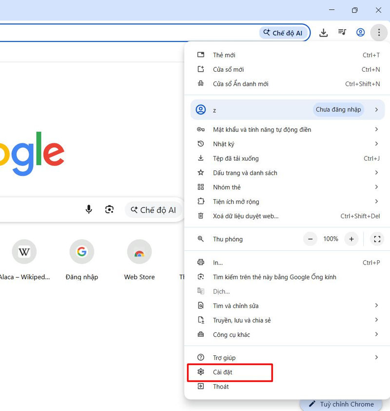 Chọn mở cài đặt trên Google Chrome