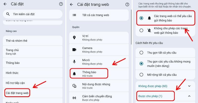Chọn mục Các trang web có thể yêu cầu gửi thông báo