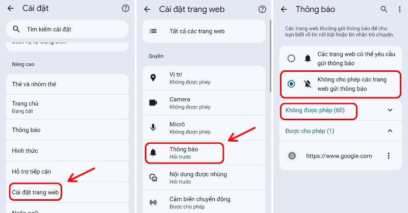 Chọn mục Không cho phép các trang web gửi thông báo