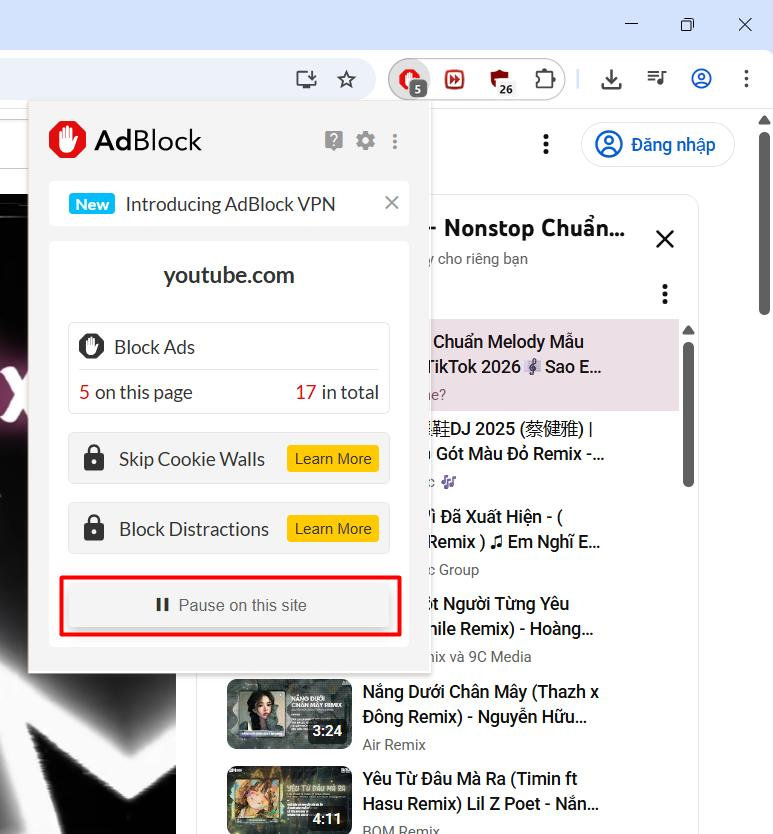 Chọn tạm dừng trên trang web này