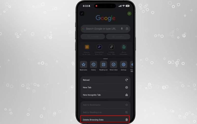 Chọn vào dòng chữ “Delete Browsing Data”