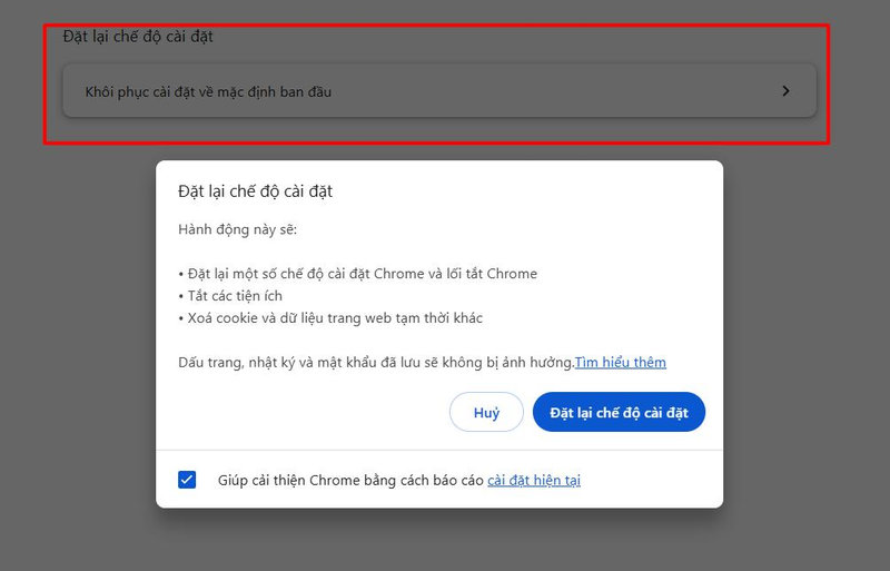 Chọn vào mục đặt lại chế độ cài đặt
