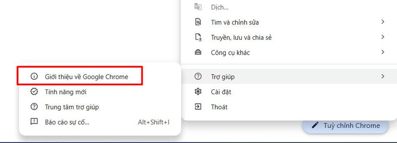 Chọn vào mục giới thiệu về Google Chrome