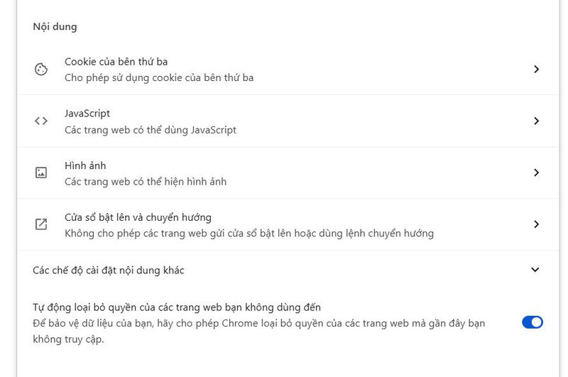 Chọn vào phần cài đặt nội dung