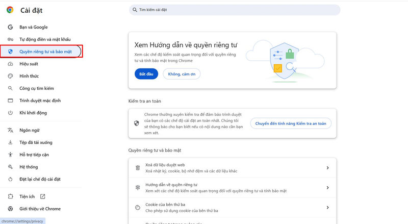 Chọn vào quyền riêng tư và bảo mật