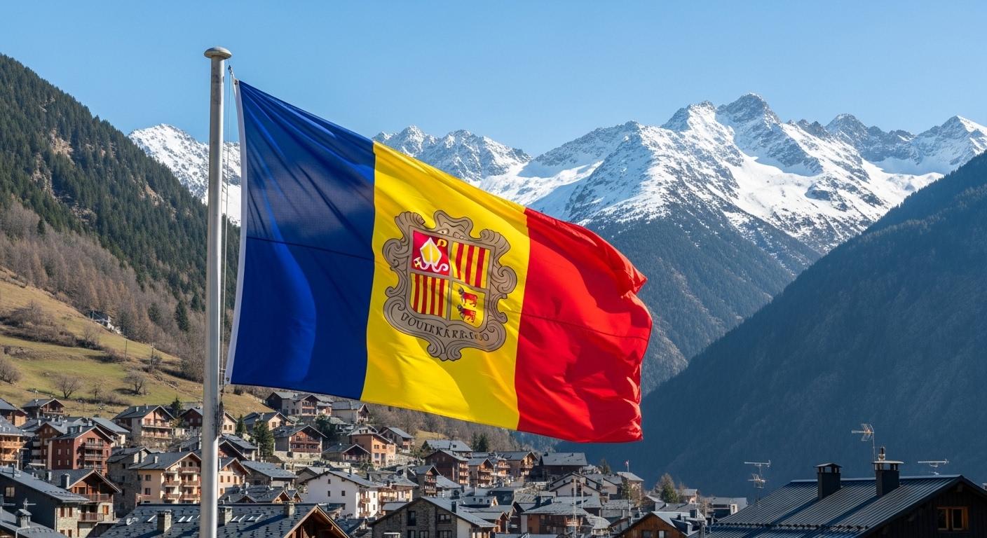 Cờ Andorra kết hợp màu sắc của Pháp và Tây Ban Nha cùng quốc huy