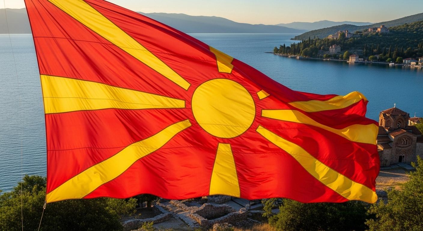 Cờ Bắc Macedonia nổi bật với hình ảnh mặt trời vàng tỏa sáng