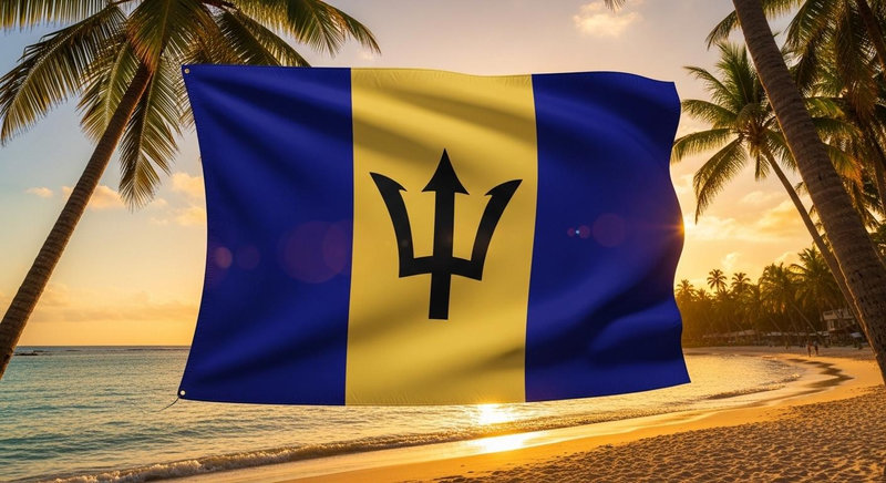 Cờ Barbados đầy uy quyền với biểu tượng đầu đinh ba màu đen
