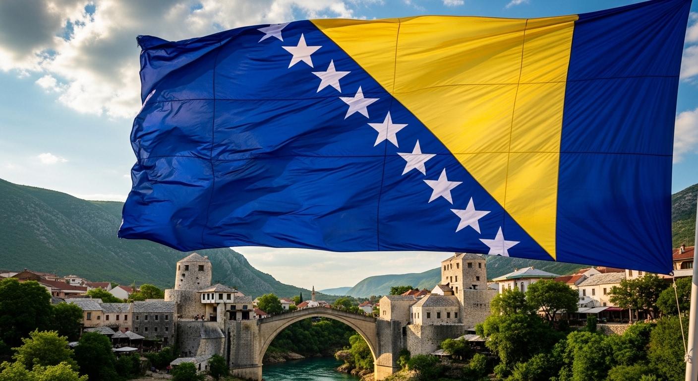 Cờ Bosnia và Herzegovina hiện đại với hình tam giác màu vàng