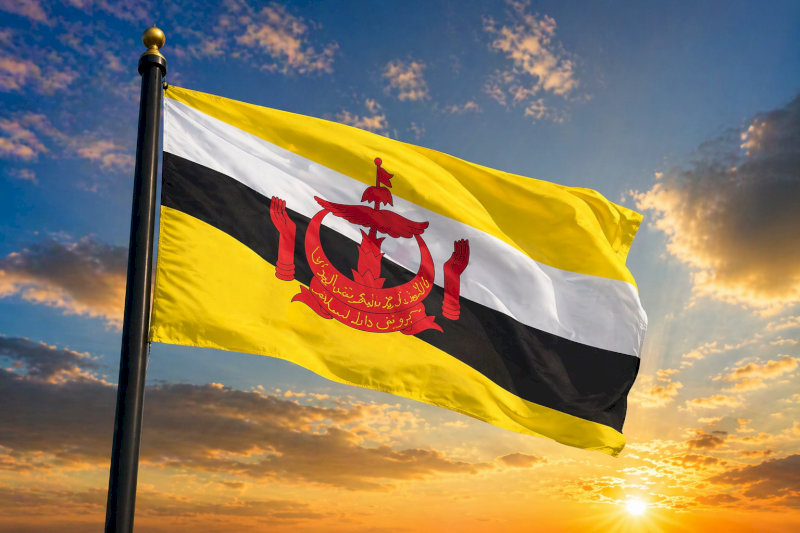 Cờ nước Brunei với thiết kế quốc huy tinh xảo trên nền vàng