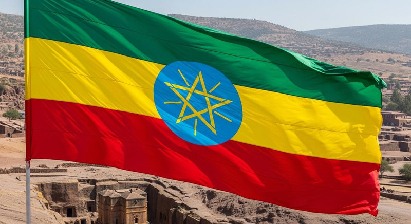 Cờ Ethiopia mang biểu tượng ngôi sao rực rỡ trên đĩa xanh lam trung tâm