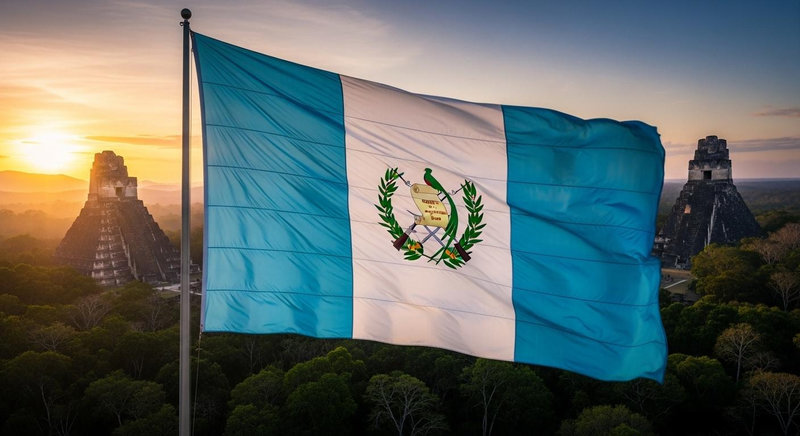 Cờ Guatemala mang sọc dọc xanh trắng cùng biểu tượng loài chim quốc gia