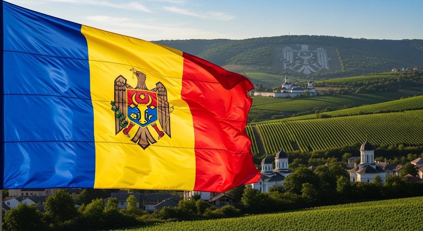 Cờ Moldova có ba sọc dọc và quốc huy hình đầu bò ở trung tâm