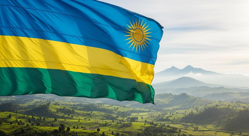 Cờ Rwanda mang màu xanh hòa bình cùng biểu tượng mặt trời vàng rực rỡ