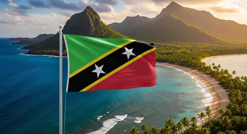 Cờ Saint Kitts và Nevis thanh thoát với dải băng chéo chứa hai ngôi sao