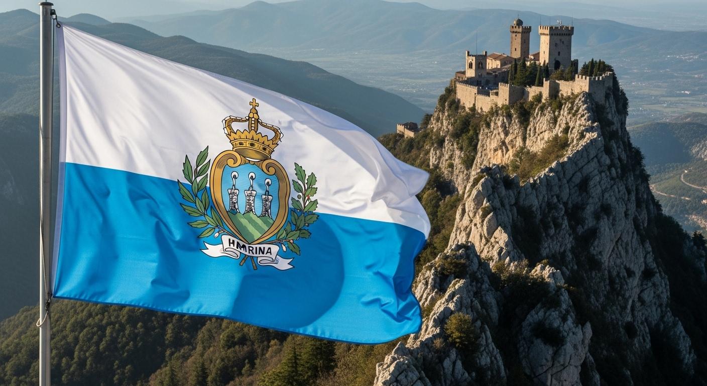 Cờ San Marino mang màu trắng xanh cùng quốc huy hình ba ngọn tháp