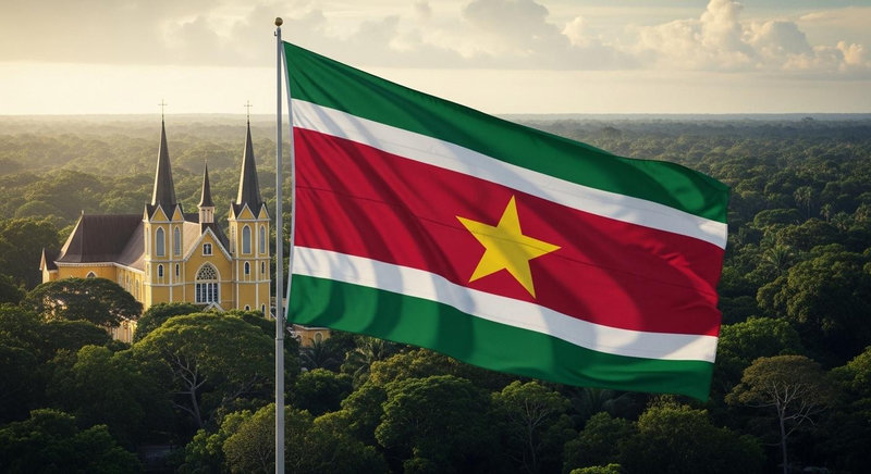 Cờ Suriname nổi bật với ngôi sao vàng năm cánh tượng trưng cho sự hòa hợp dân tộc