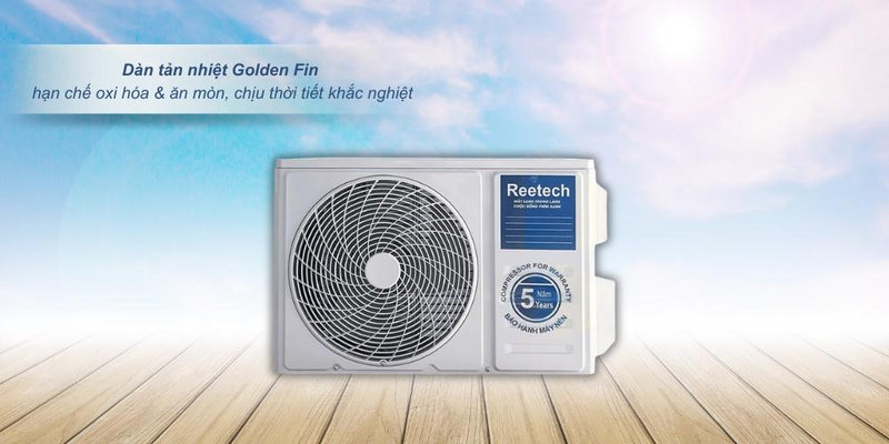 Dàn tản nhiệt của máy lạnh Reetech được phủ lớp phủ Golden Fin chống ăn mòn hiệu quả