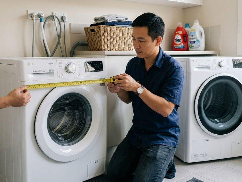 Đo kích thước máy giặt và máy sấy để tìm kiếm khu vực đặt máy phù hợp