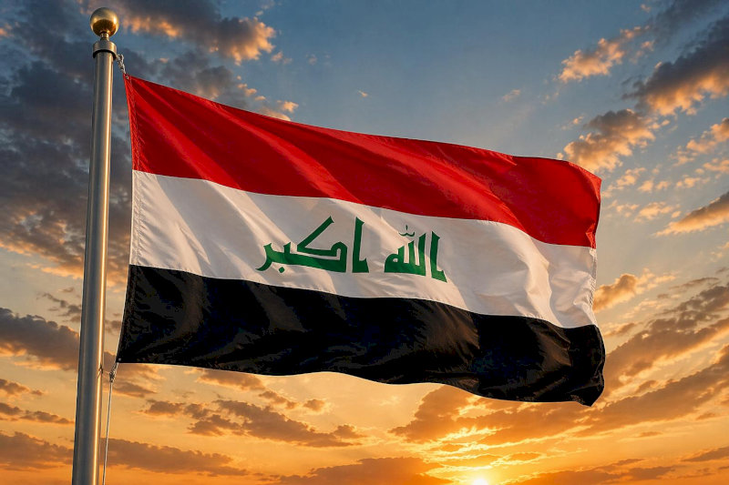 Dòng chữ thư pháp Hồi giáo trên nền ba màu đặc trưng của cờ Iraq