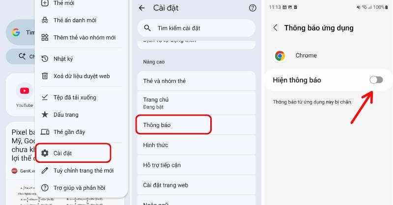 Gạt nút Hiện thông báo sang trái để tắt hiển thị thông báo trên Google Chrome