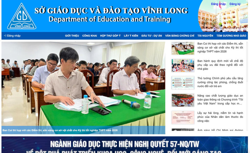 Giao diện chính thức của website Sở GD&ĐT Vĩnh Long