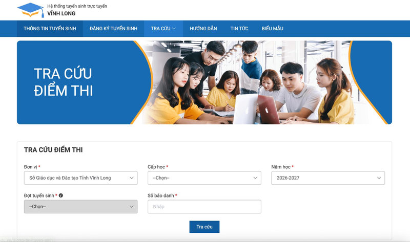 Giao diện chính tra cứu điểm thi vào 10 của tỉnh Vĩnh Long