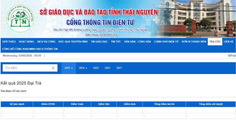 Giao diện cổng thông tin điện tử chính thức của Sở Giáo dục và Đào tạo tỉnh Thái Nguyên