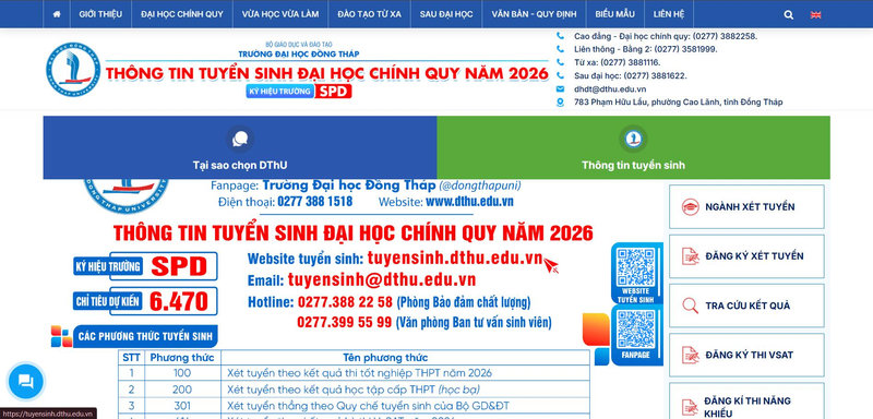 Giao diện cổng thông tin tuyển sinh của Trường Đại học Đồng Tháp (DThU)
