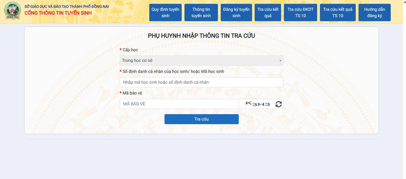 Giao diện cổng thông tin tuyển sinh tỉnh Đồng Nai